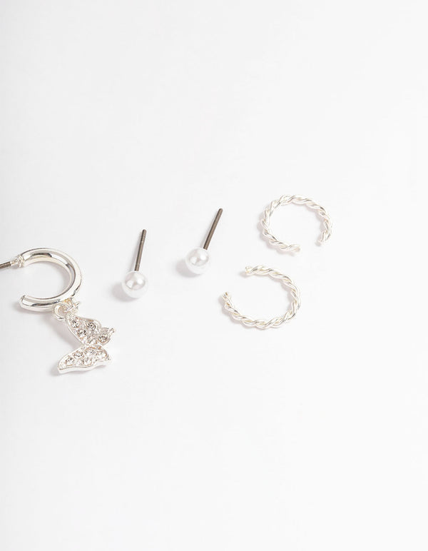 Silver Crystal Butterfly & Pearl Earrings 4-Pack