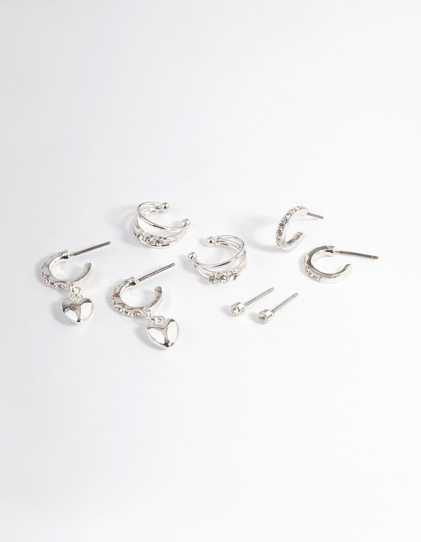 Silver Crystal Puffed Heart Earrings 4-Pack