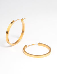 Showcasing waterproof medium flat hoop earrings crafted from stainless steel with a polished gold plated finish front view - link has visual effect only