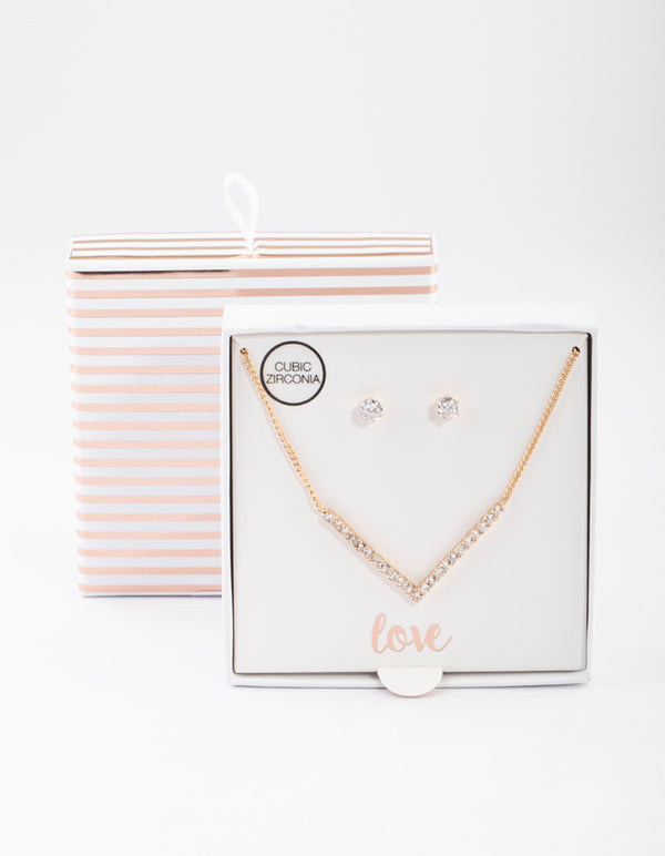 Gold Cubic Zirconia V Necklace & Stud Earrings Set