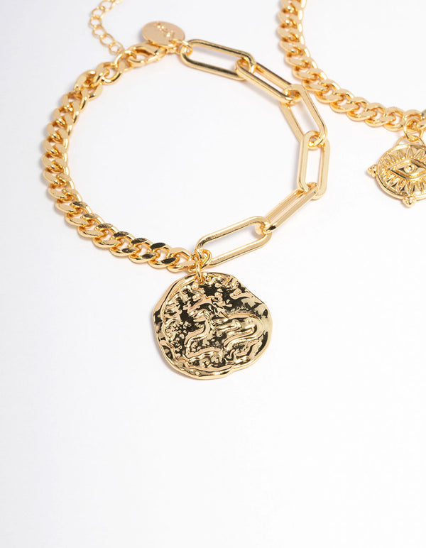 Gold Plated Brass Chain Link Disc Bracelet Pack
