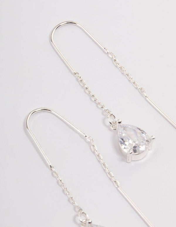 Silver Plated Cubic Zirconia Teardrop Threader Earrings