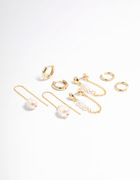 Gold Plated Freshwater Pearl Threader Huggie Earrings 4-Pack - link has visual effect only