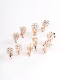 Rose Gold Pave Heart Flower Clip On Earrings 5-Pack - link has visual effect only
