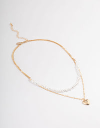 Gold Pearl Strand & Heart Layered Necklace - link has visual effect only