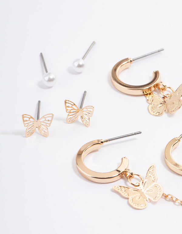 Gold Butterfly Pearl Stacker Earrings 5-Pack