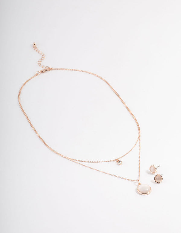 Rose Gold Layered Round Stone Necklace & Earrings Set