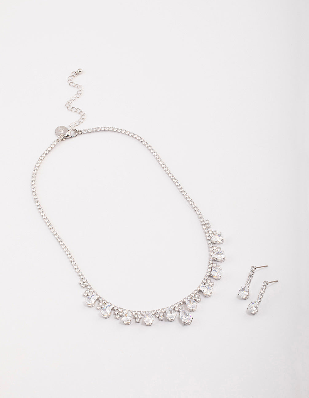 Silver Cubic Zirconia Cup Chain Teardrop Earrings & Necklace Set