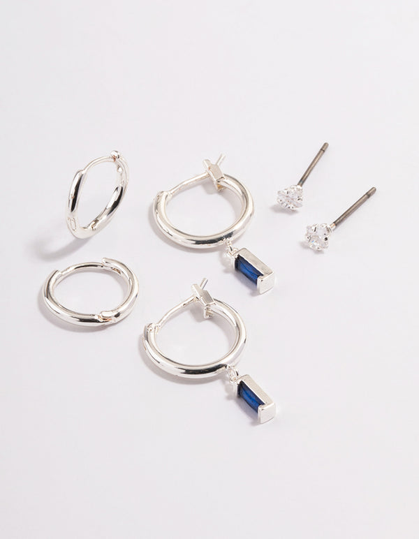 Silver Plated Brass  Cubic Zirconia Sapphire Cut Huggie Earrings 6-Pack