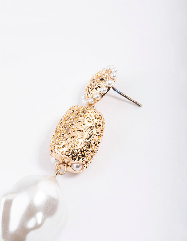 Gold Textured Pearl Drop Earrings