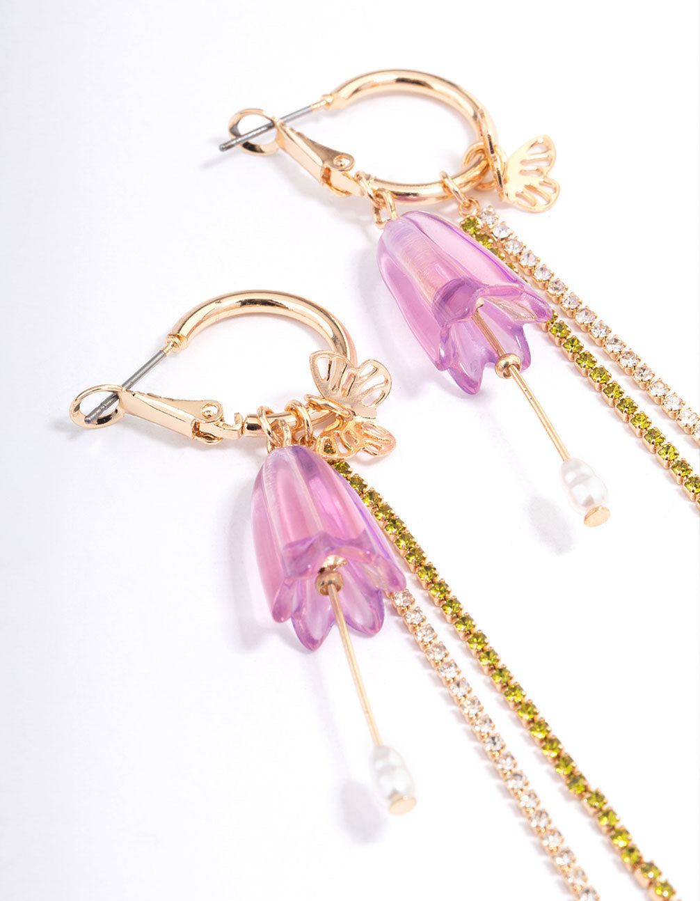Gold Purple Fower Chain Drop Earrings