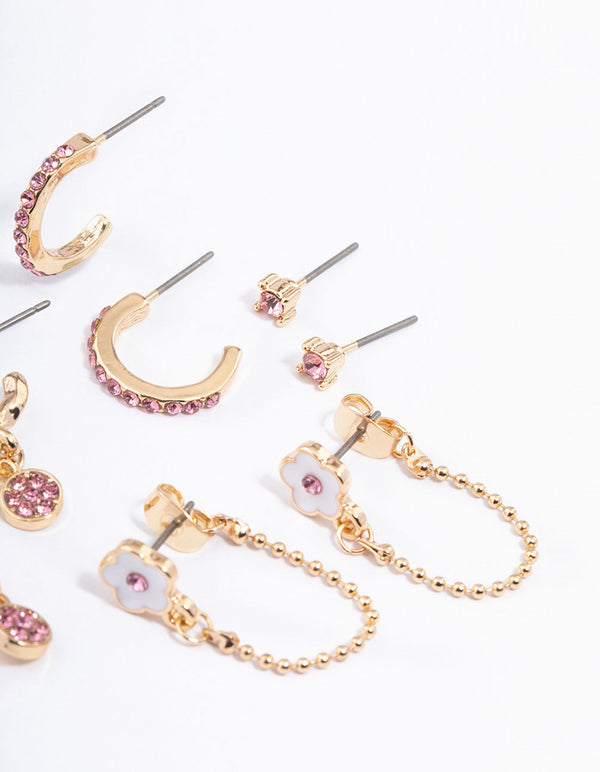 Pink Flower Chain Stacker Earrings