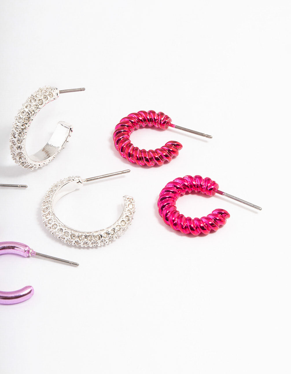 Silver & Pink Diamante Stacker Earrings