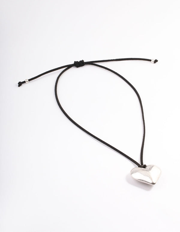 Silver Puffy Heart Black Suede Adjustable Cord Necklace
