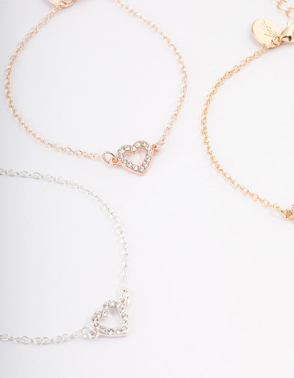 Mixed Metal Diamante Open Heart Bracelet Pack