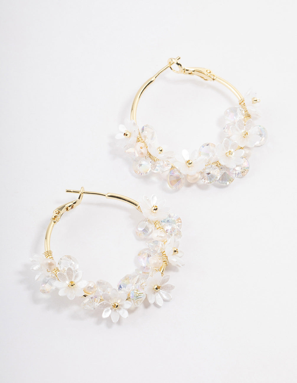 Gold Plated Freshwater Pearl Diamante Flower Hoop Earrings