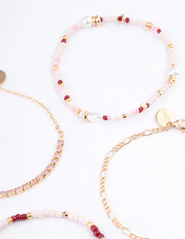 Gold Mixed Bead & Pearl Chain Bracelet 4-Pack