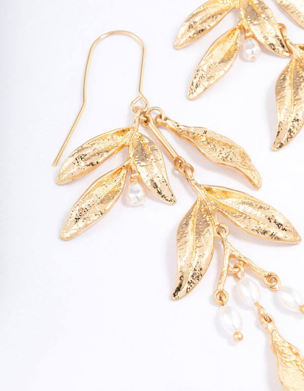 Gold Dainty Leaf & Pearl Drop Earrings