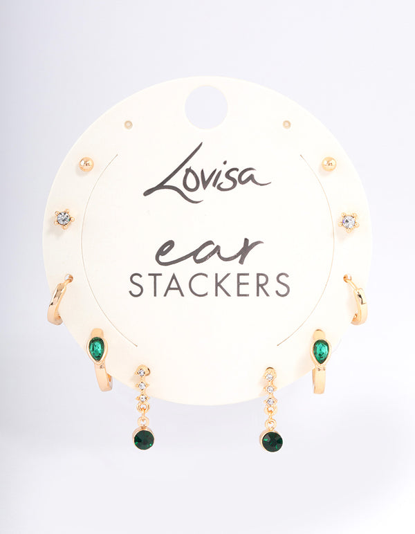 Green Staple Round & Pearl Earrings 5-Pack