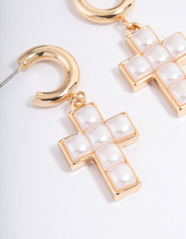 Gold Pearl Cross Earrings