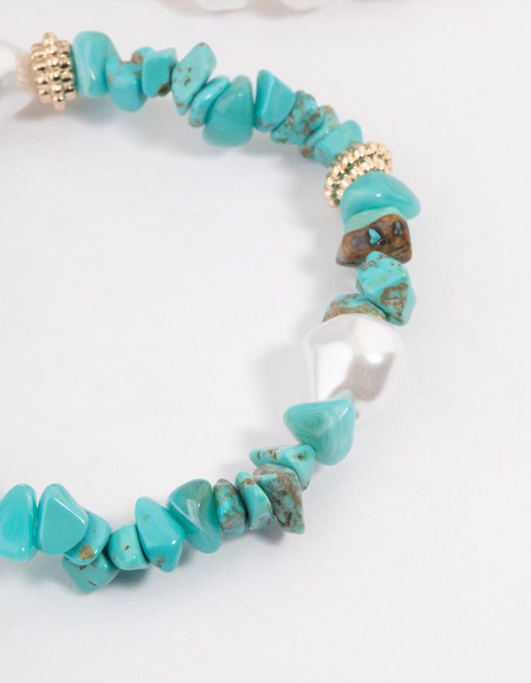 Gold Pearl & Turquoise Chip Stretch Bracelet Pack