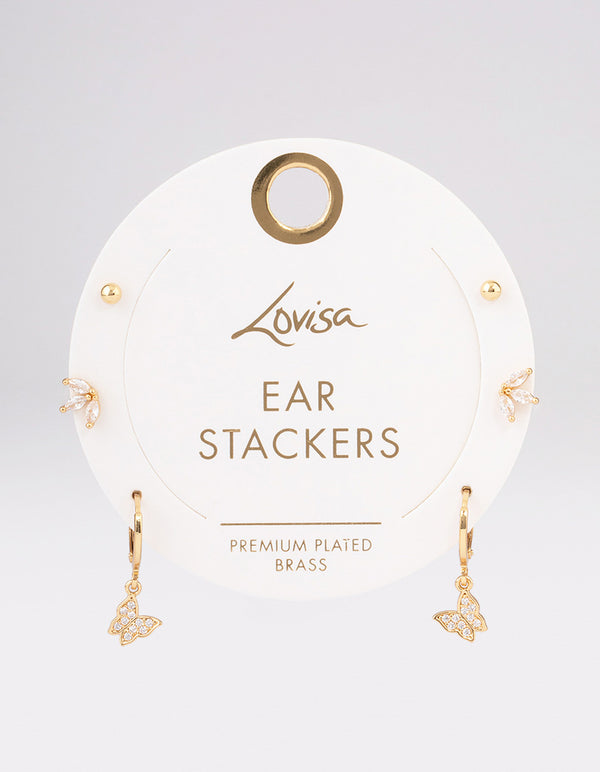 Gold Plated Cubic Zirconia Butterfly Huggie Earrings Pack