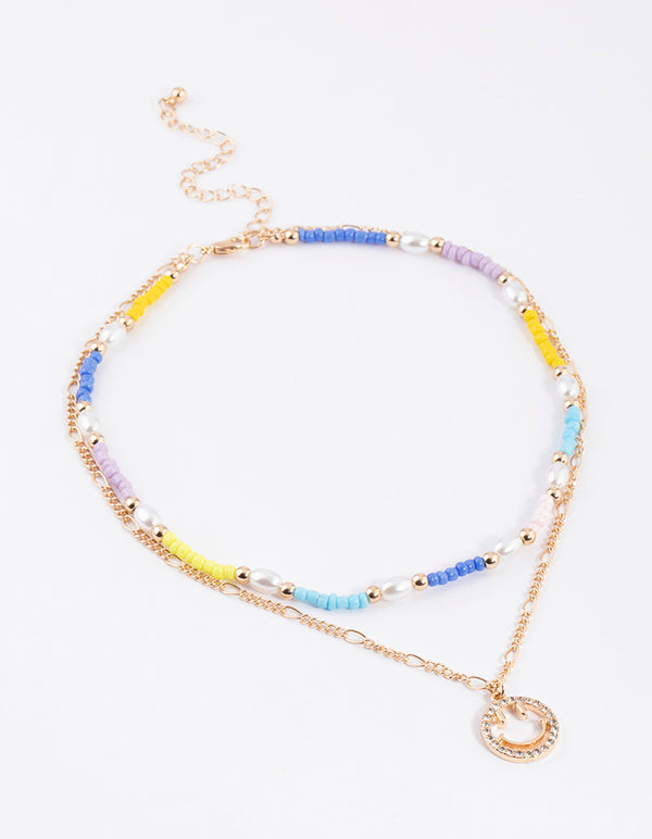 Gold Mixed Bead & Smiley Necklace