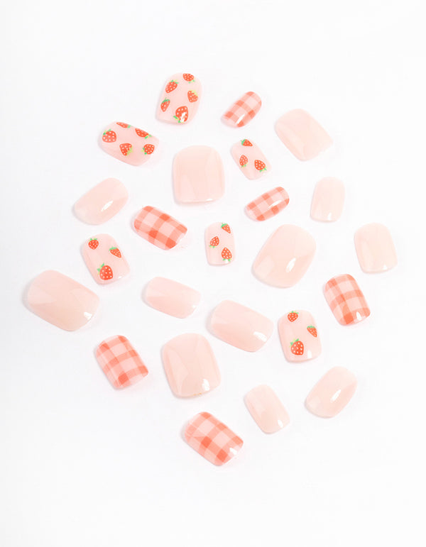 Tweens Strawberry & Checkered Press On Nails