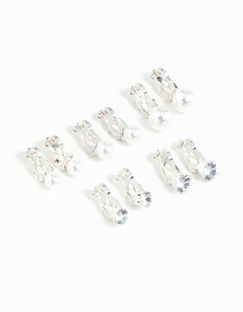 Silver Pearl & Diamante Clip On Earrings 5-Pack