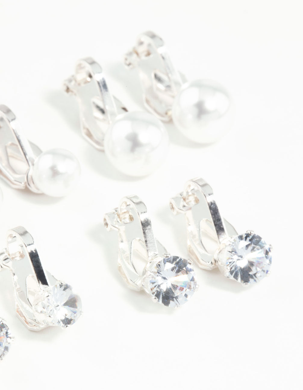 Silver Pearl & Diamante Clip On Earrings 5-Pack