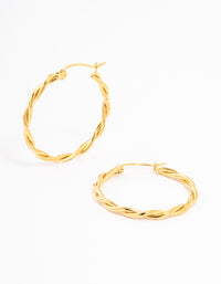 Waterproof Gold Plated Stainless Steel Medium Thin Twisted Hoop Earrings - link has visual effect only