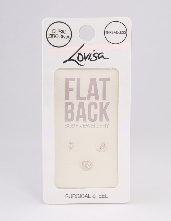 Gold Plated Surgical Steel Cubic Zirconia Baguette Flat Back Pack