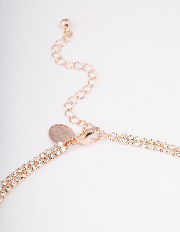 Rose Gold Double Row Dainty Rectangle Diamante Necklace