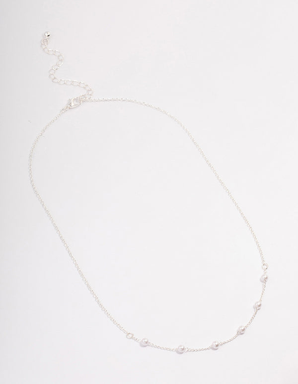 Silver Dainty Pearl Station Necklace