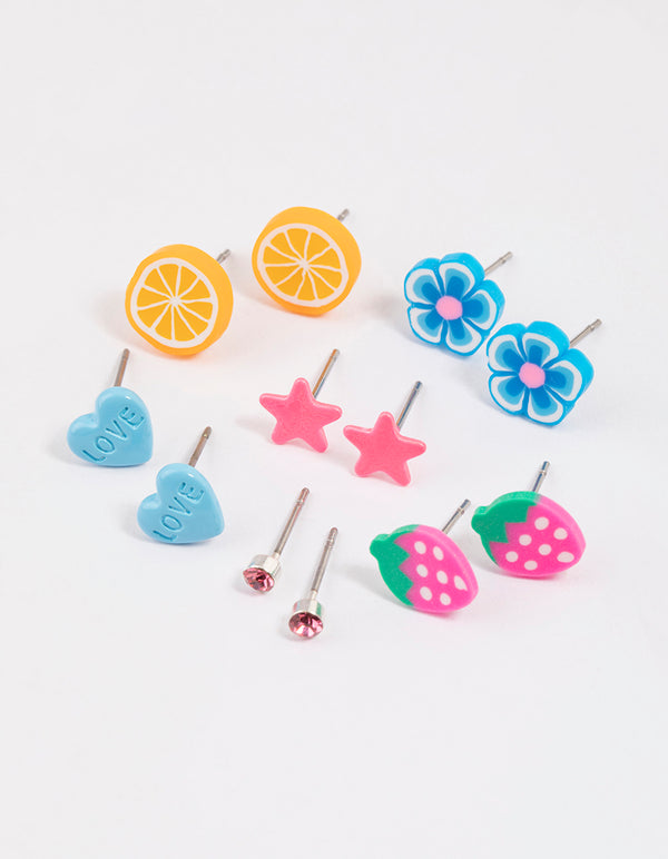 Kids Silver Fimo Flower Stud Earrings 6-Pack