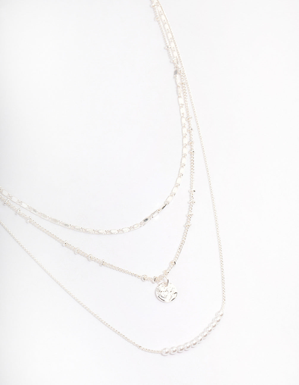 Silver Plated Fine Triple Layered Beaded Disc Necklace