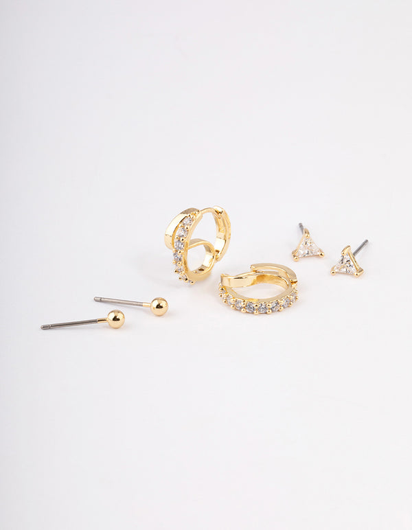 Gold Plated Brass Cubic Zirconia Double Hoop Earrings Pack