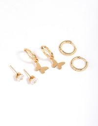 Gold Plated Surgical Steel Cubic Zirconia Butterfly Charm Earrings Pack - link has visual effect only