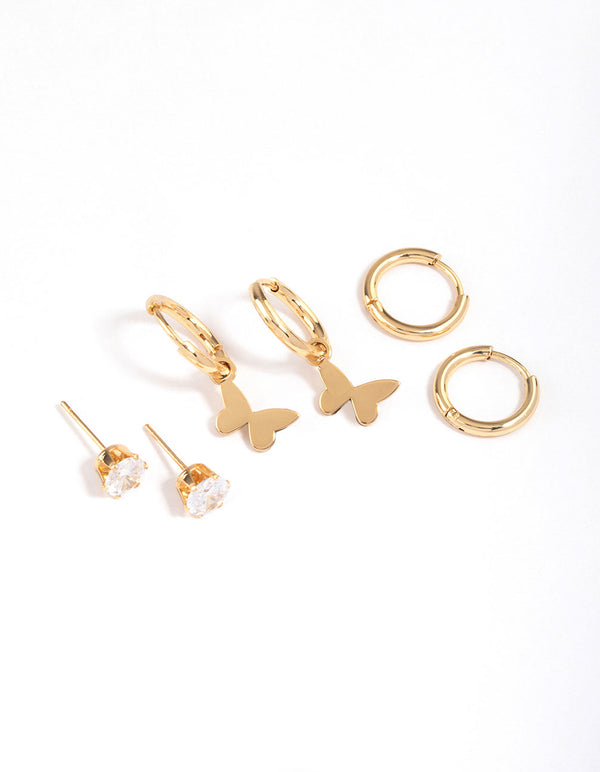 Gold Plated Surgical Steel Cubic Zirconia Butterfly Charm Earrings Pack