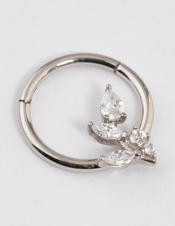 Surgical Steel Cubic Zirconia Leaf Detail Clicker Ring