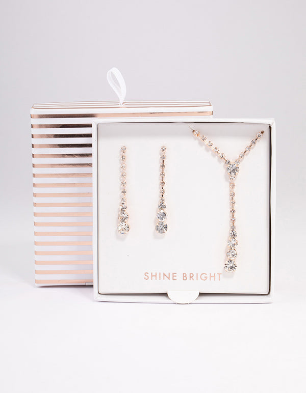 Rose Gold Cup Chain Diamante Y-Shape Necklace & Drop Earrings Jewellery Set