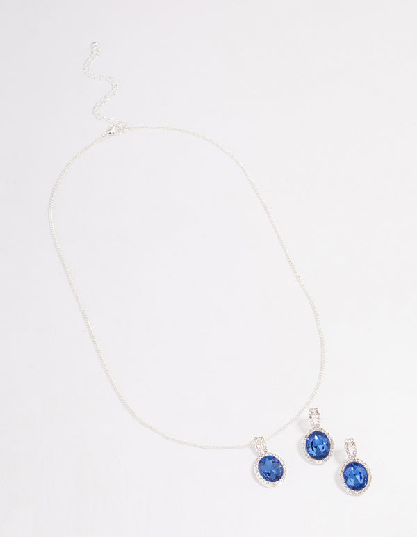 Silver Oval Blue Halo Necklace & Stud Earrings Jewellery Set