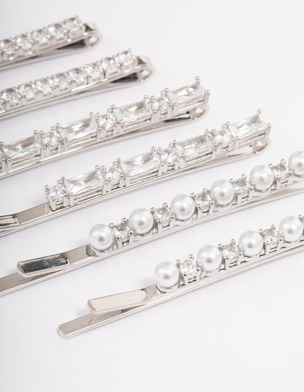 Silver Plated Cubic Zirconia Mixed Stone & Pearl Hair Clips 6-Pack