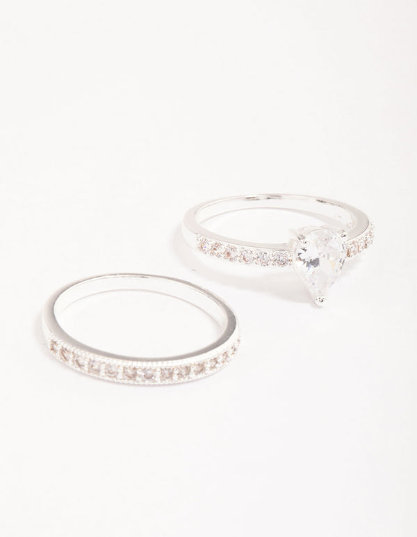 Silver Plated Cubic Zirconia Teardrop Stone Ring Pack