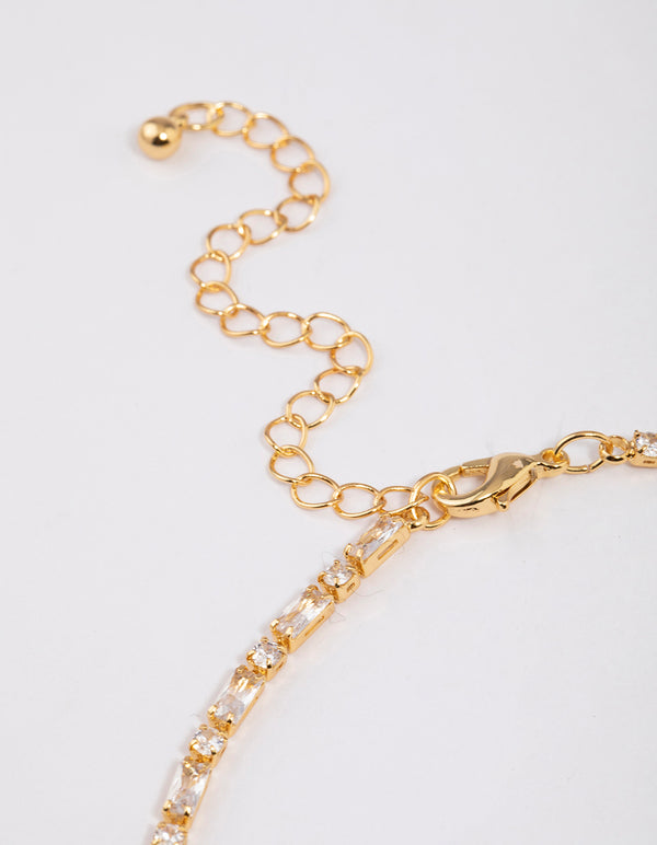 Gold Plated Cubic Zirconia Round & Baguette Tennis Necklace