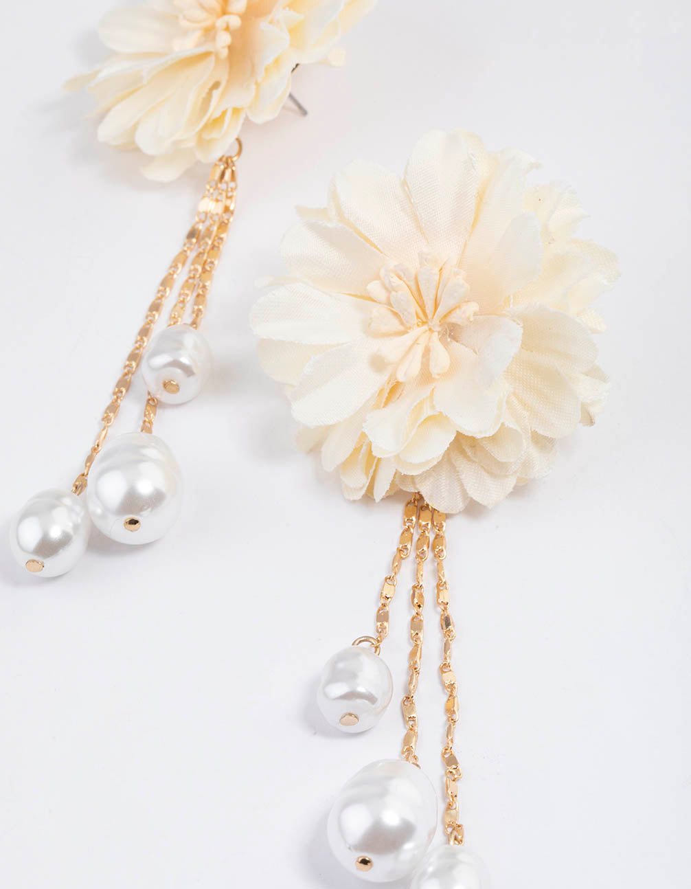 Gold Fabric Flower Pearly Drop Earrings