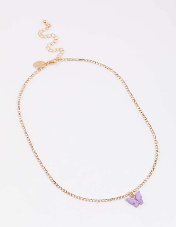 Purple Diamante Cup Chain Butterfly Necklace