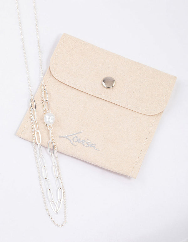 Silver Double Row Pearl Chain Necklace & Polishing Set