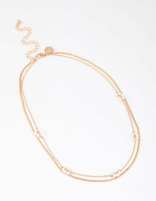 Gold Layered Chain Pearly Flower Necklace