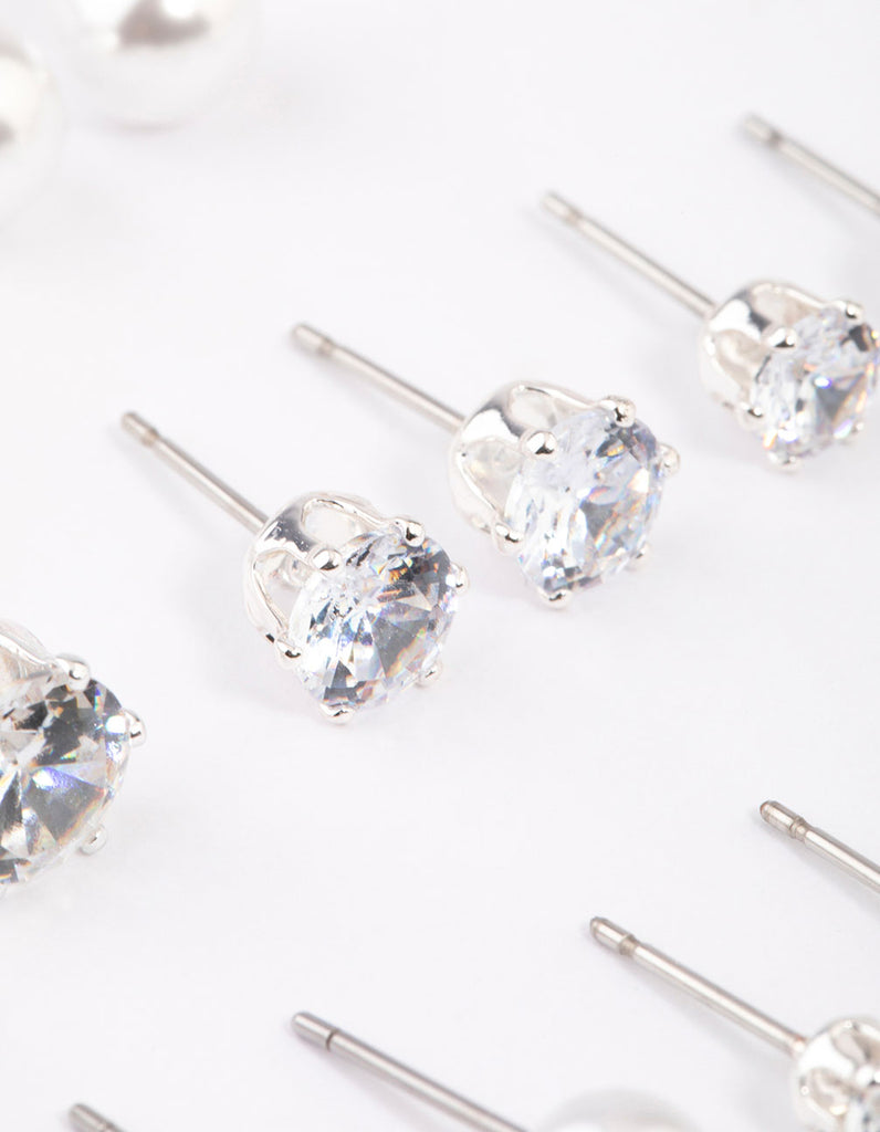 Silver Graduating Diamante & Pearl Earrings 8-Pack